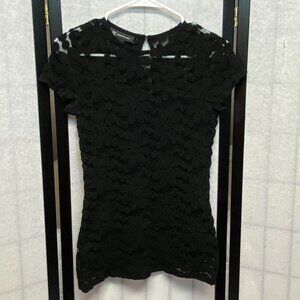 INC International Concepts Black Short Sleeve Floral Appliqué Tee